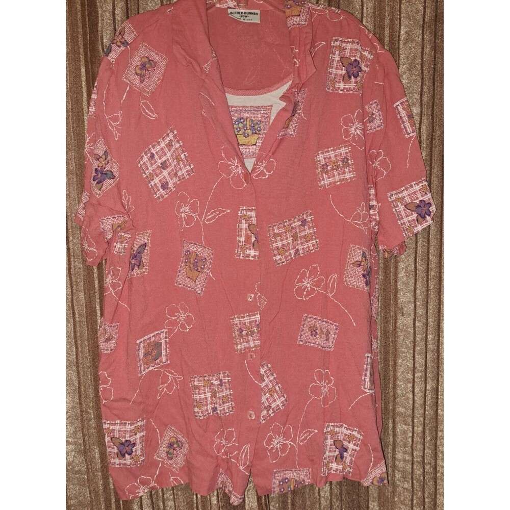 Alfred Dunner 20W Pink Floral Patchwork Short Sleeve Button Up‎ Shirt Top